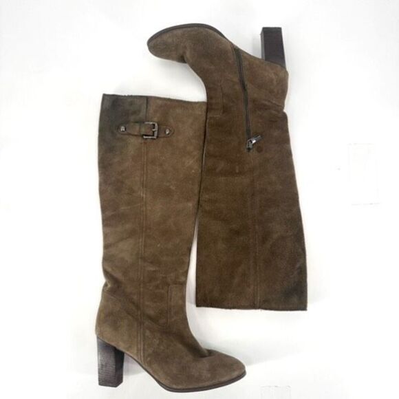 Michael Kors Olive Green Suede Heeled Tall Leather Buckle Boots Size 8 Riding - Picture 3 of 16